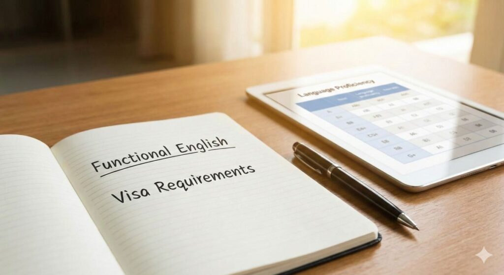Comparison chart of PTE 24 and IELTS 4.5 scores for Functional English Australia 2026