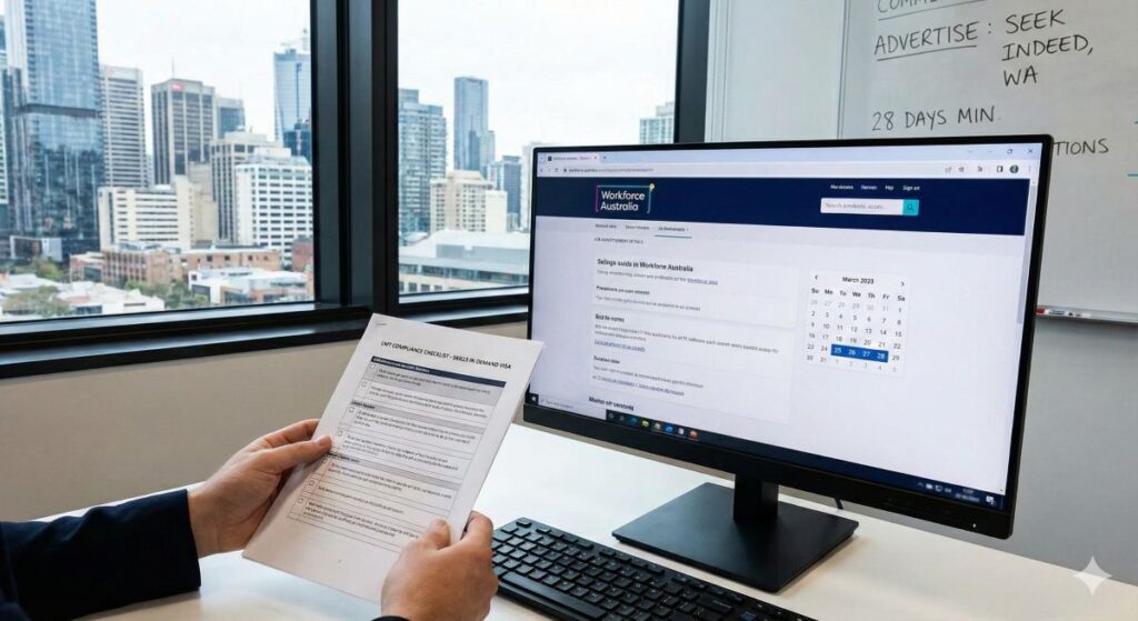 person holding paper and on monitor shows the Labour Market Testing on workforce Australia