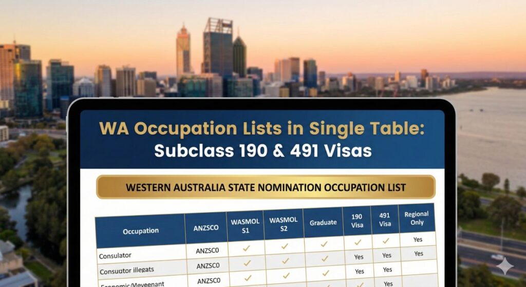 WA occupation list with occupations availability across General and Graduate stream, 190 and 491 visas and WA regional areas.