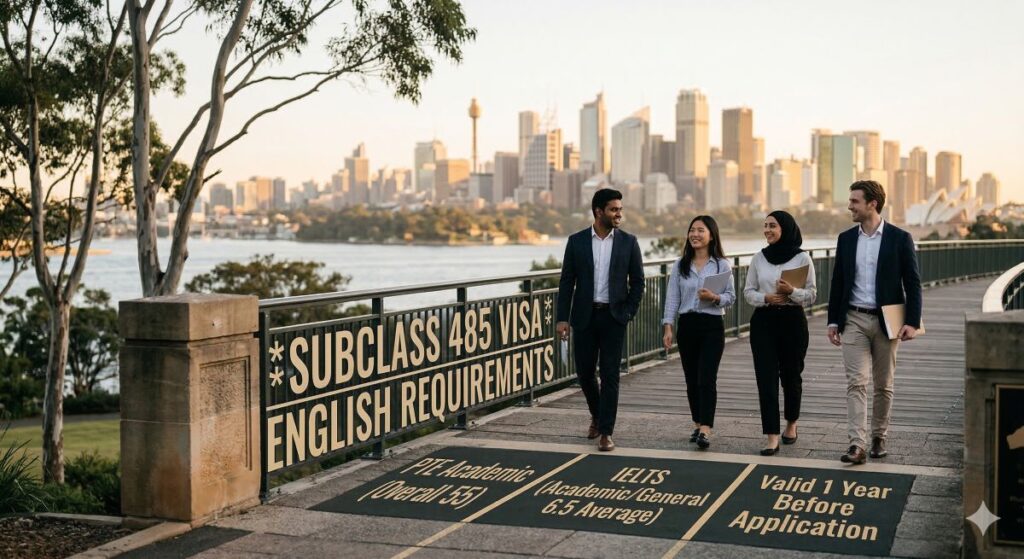 People walking on bridge and discussing about subclass 485 visa english requirements