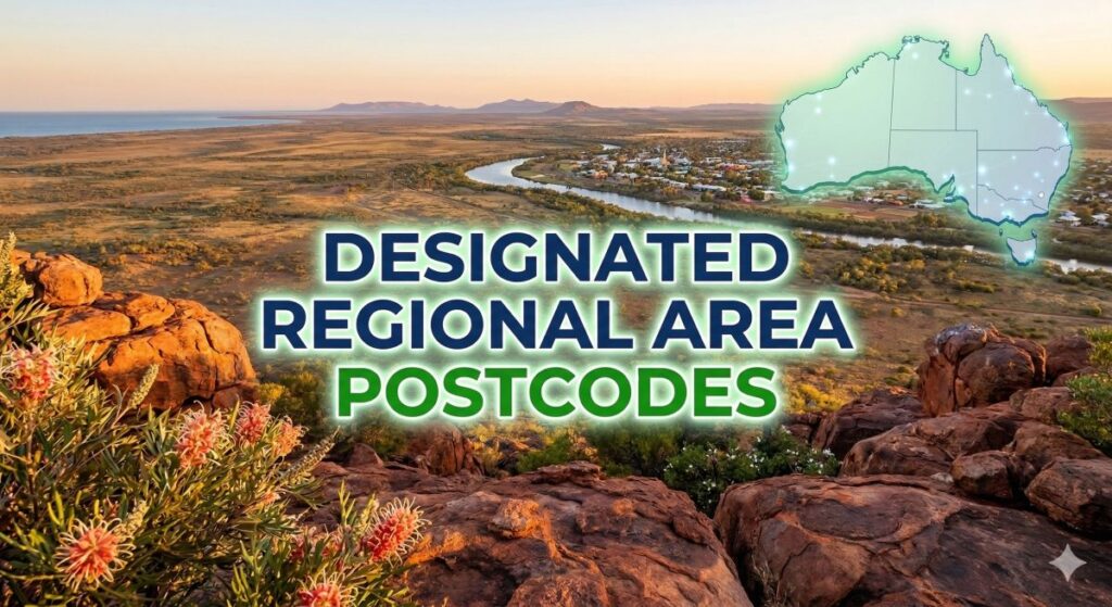 Country with river showing designated regional area postcodes with map of Australia