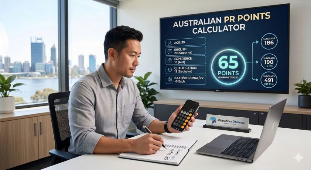 Person using Australian PR points calculator for subclass 189, 190 and 491 visa