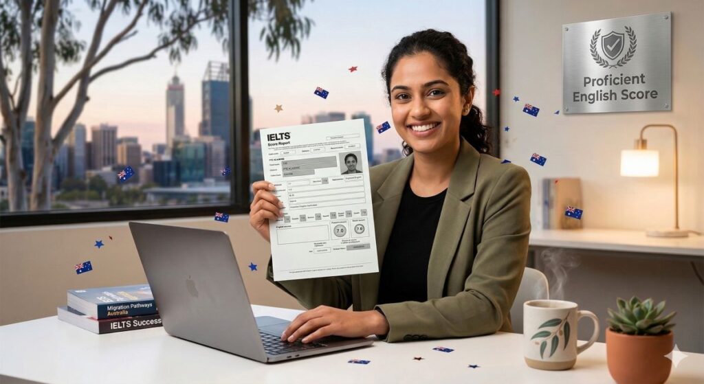 a girl holding Proficient English IELTS score report