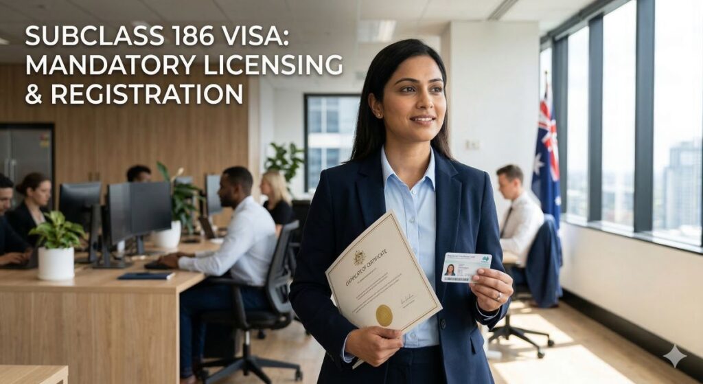 A girl holding her license after completing Subclass 186 visa licensing or registration requirements