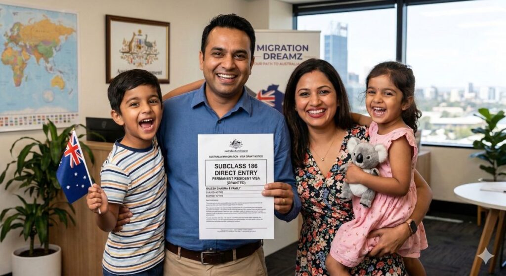 happy family holding visa grant of subclass 186 direct entry stream ENS
