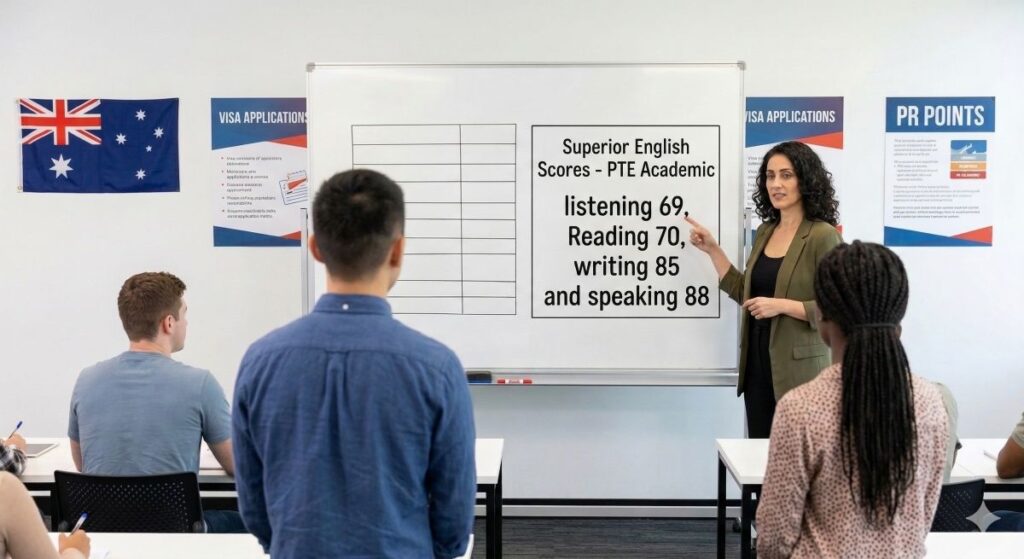 teacher in class showing superior english scores in pte academic