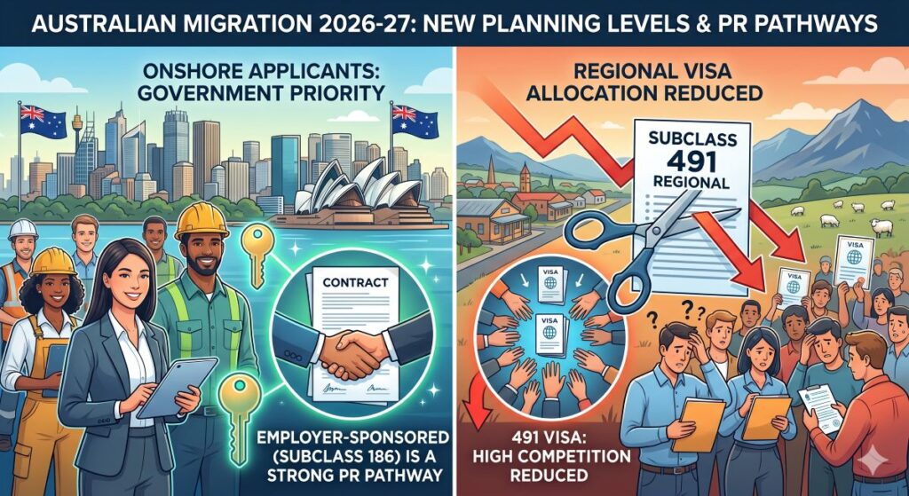 migration Program Planning levels 2026-27 showing more options for onshore applicants and reduced allocations to 491 visa
