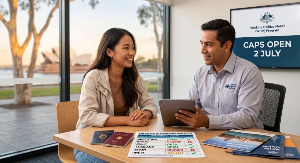A couple happy after subclass 462 country caps 2026 announcement with opening date of 2nd July 2026