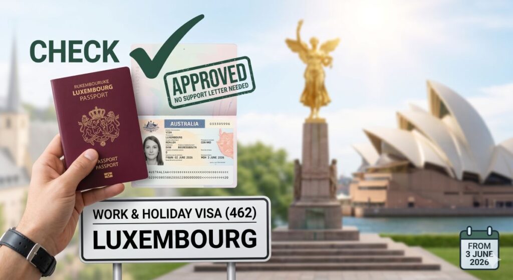 in photo lady holding luxembourg passport with Australian visa after Luxembourg Subclass 462 Visa Update Announced