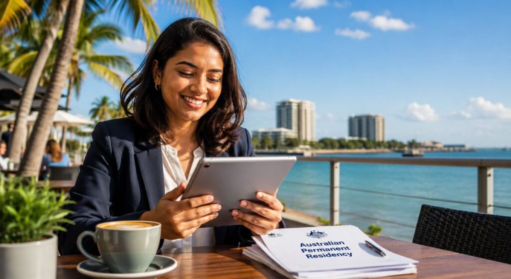 A girl happy after meeting NT 190 state nomination requirements while sitting on beach side